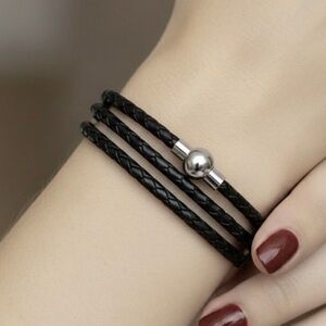 Linx Triple Wrap Black Leather Braided Bracelet with Magnetic Clasp